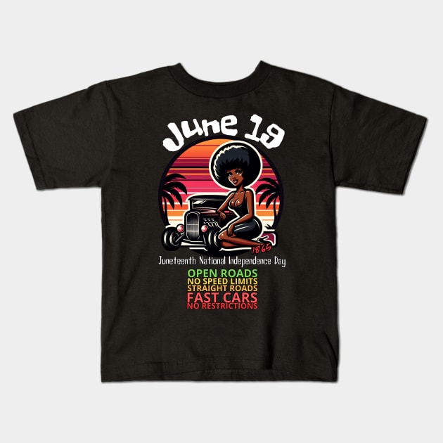 HotRod - Vintage Retro Sunset of 19 June Juneteenth Pin up Girl Kids T-Shirt by LollipopINC